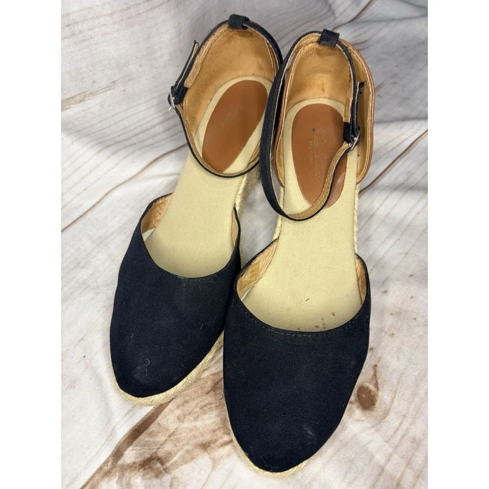 Brooks Brothers‎ Espadrille Wedge Sandals Canvas Leather Ankle Strap Size 8.5